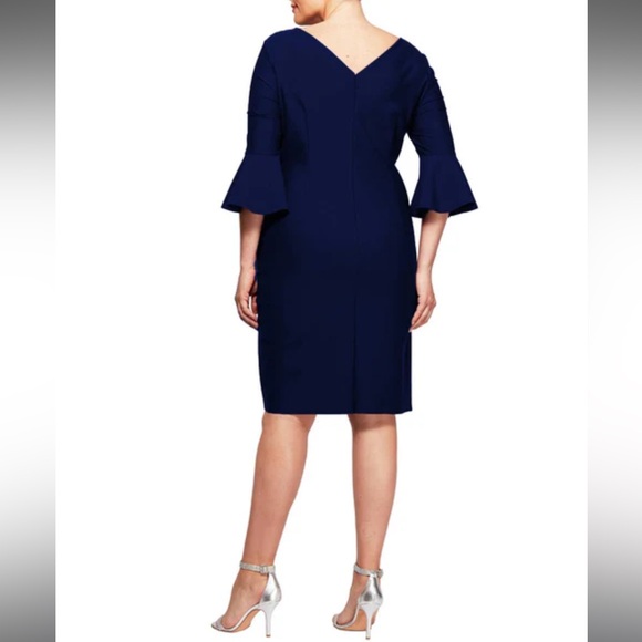 NWT ALEX EVENINGS Scuba 3/4 Ruffle Sleeve Dress Navy 14W - Picture 2 of 7